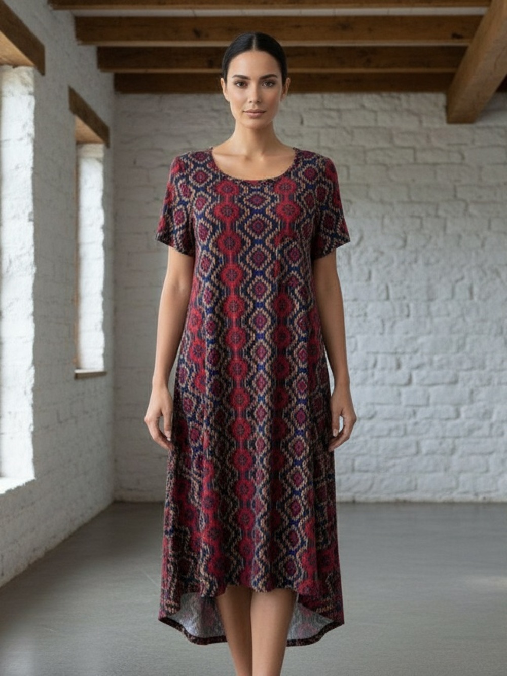LuLaRoe Burgundy & Navy Geometric Print High-Low Midi Dress